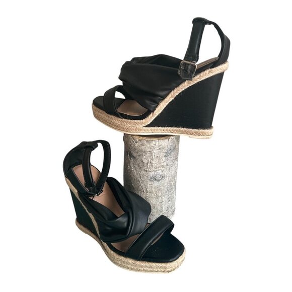 Qupid Cascade Wedge Sandal Espradrille Vegan Leather Size 6.5 Black Sandal - Picture 2 of 11